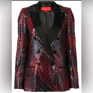 Hilfiger Collection Sequin Plaid Double-Breasted Blazer Jacket - Red & Black